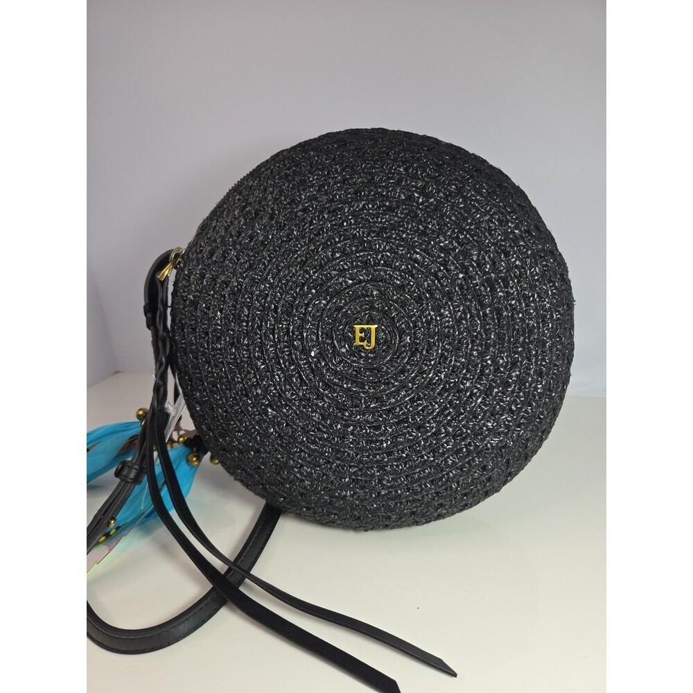 Eric Javits Canteen Style Black Woven Shoulder Bag w/Feather Details 9" Across - Picture 3 of 14